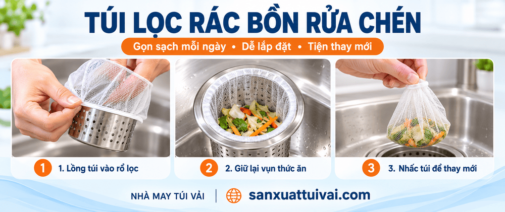 Hình ảnh tham khảo túi lọc rác sử dụng tại bồn rửa chén